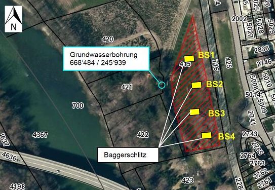 Ehemalige Deponie Struss Eggenwil; Technische Untersuchung; Lage Baggersondierungen und Grundwasserbohrung; Stand 14.06.2017