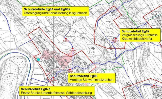 Kantonale Gefahrenkarte Hochwasser, Schutzdefizitkarte, Auszug Eggenwil, Stand 2010, mit Übersicht des Gesamtprojekts Hochwasserschutzmassnahmen und Renaturierung