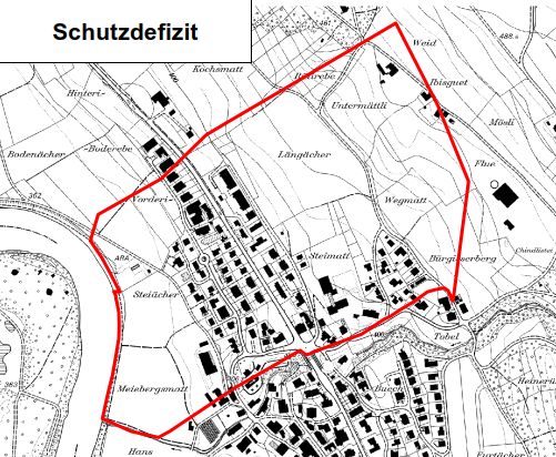 Hochwasserschutzkarte Eggenwil – Schutzdefizit nach realisierten HWS-Massnahmen, Stand 2019