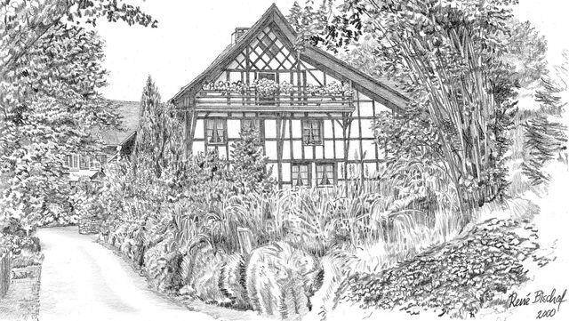 Liegenschaft der Familie Josef und Brigitte Stutz-Ulmann im Weiler Hofor an der Wyderstrasse 5 in Eggenwil. Bild: Bleistiftzeichnung von René Bischof sel. 2000 im Auftrag der Gemeindekanzlei