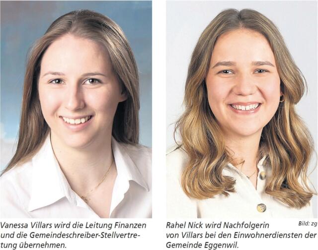 Vanessa Villars (links) wird die Leitung Finanzen und die Gemeindeschreiber-Stellvertretung übernehmen. Rahel Nick wird Nachfolgerin von Villars bei den Einwohnerdiensten der Gemeinde Eggenwil. Bild: BBA 04.09.2020/zg Vanessa Villars (links) wird die Leitung Finanzen und die Gemeindeschreiber-Stellvertretung übernehmen. Rahel Nick wird Nachfolgerin von Villars bei den Einwohnerdiensten der Gemeinde Eggenwil. Bild: BBA 04.09.2020/zg