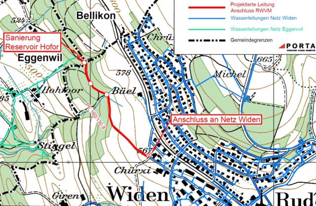 Die Wasserversorgung Eggenwil will ihr Netz an dasjenige des Regionalen Wasserverbands Mutschellen in Widen anschliessen. Kartenausschnitt BBA 24.11.2020/zg