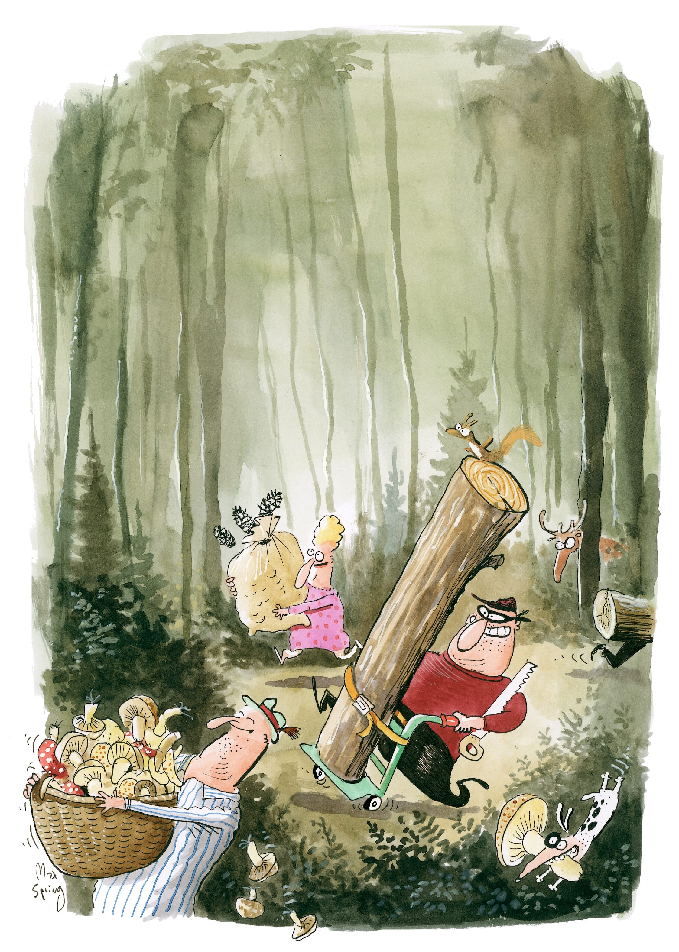 Wir sammeln und pflücken mit Mass. Dieser Cartoon von Max Spring stammt aus dem Wald-Knigge der Arbeitsgemeinschaft für den Wald: www.waldknigge.ch
