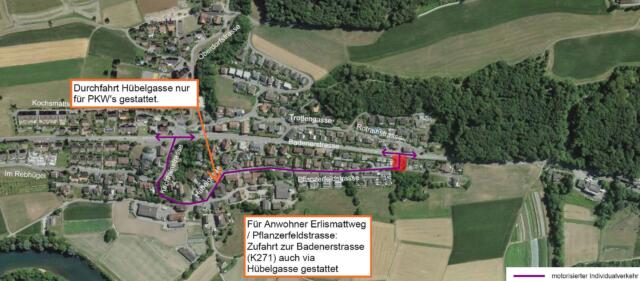 Ab sofort ist während der Sanierungsarbeiten auf der Kantonsstrasse im Innerort (Bauphasen 11-14) zur Entlastung des Knotens «Freihof» bis Februar 2022 für die Anwohner am Erlismattweg und an der Pflanzerfeldstrasse vorübergehend auch die Zu- und Wegfahrt via Hübelgasse, Unterdorfstrasse und Kirchrainstrasse möglich.