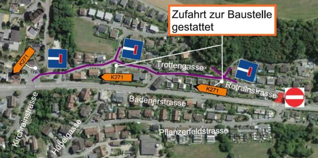 Sanierung K 271 Eggenwil IO – Verkehrsumleitung Bauphase 12 während der Sperrung des Knotens «Freihof» (Verzweigung Rotrainstrasse/Badenerstrasse K 271)