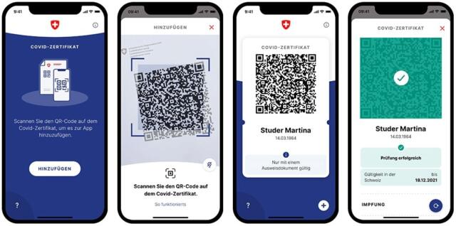 Das Covid-Zertifikat dokumentiert eine Covid-19-Impfung, eine durchgemachte Erkrankung oder ein negatives Testresultat. Bild: Muster-Zertifikat App des BAG