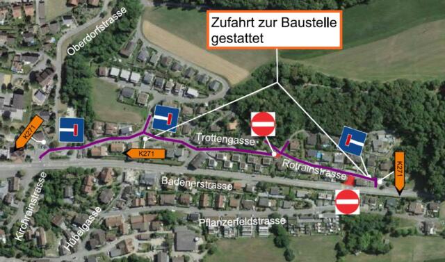 Sanierung K 271 Eggenwil IO: Verkehrsumleitung Bauphase 12 aufgrund der Sperrung der Rotrainstrasse für die Spülbohrung Kabelanlage vom 28. Juni bis 9. Juli 2021