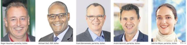 Alle bisherigen Eggenwiler Gemeinderatsmitglieder stellen sich für eine weitere Amtsperiode zur Verfügung: (v. l.) Gemeindeammann Roger Hausherr, Vizeammann Michael Stoll, Gemeinderat Frank Bonnemeier, Gemeinderat André Heinrich und Gemeinderätin Sabrina Meyer. Bilder: BBA 21.09.2021/zg