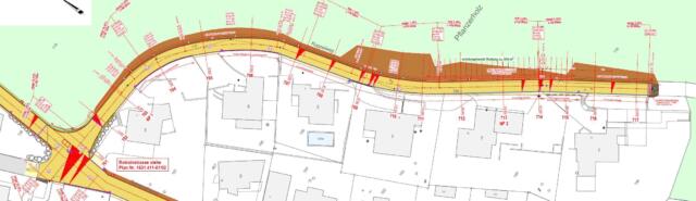 Der sanierungsbedürftige Kuppelweg (Gemeindestrassenparzelle Nr. 750) beginnt bei der Einmündung in die Rotrainstrasse, verläuft talseitig respektive entlang des südwestlichen Randes der Waldparzelle Nr. 116 und endet als Sackgasse beim Waldeingang «Pflanzerholz». Er weist eine Länge von 180 m und eine Strassenfläche von 660 m⊃2; auf. Bild: Auszug aus dem Strassenbauprojekt «Ausbau und Sanierung Kuppelweg» – Situationsplan Strassenbau