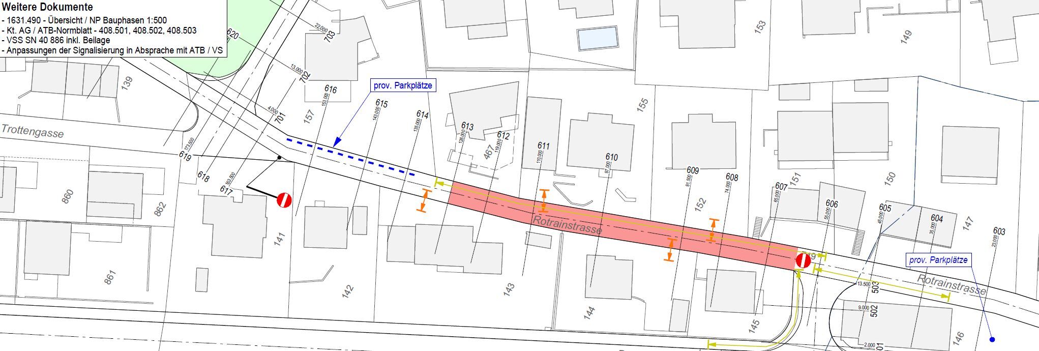 Sanierung Rotrainstrasse – Situationsplan Bauphase R2, Stand 31.03.2022