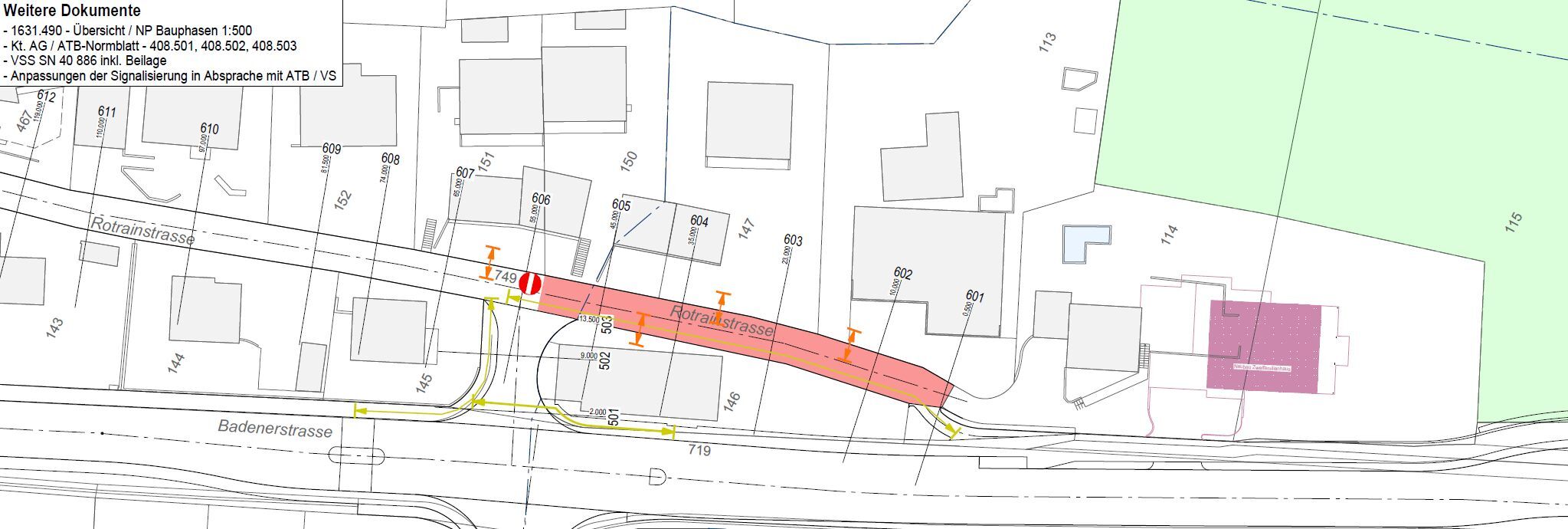 Sanierung Rotrainstrasse – Situationsplan Bauphase R1, Stand 31.03.2022