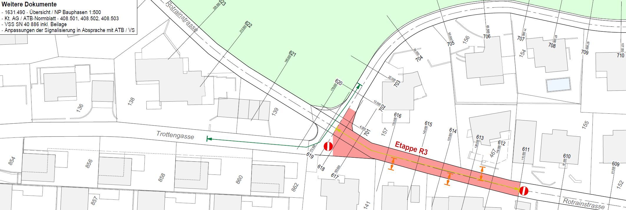 Sanierung Rotrainstrasse – Situationsplan Bauphase R3, Stand 14.06.2022