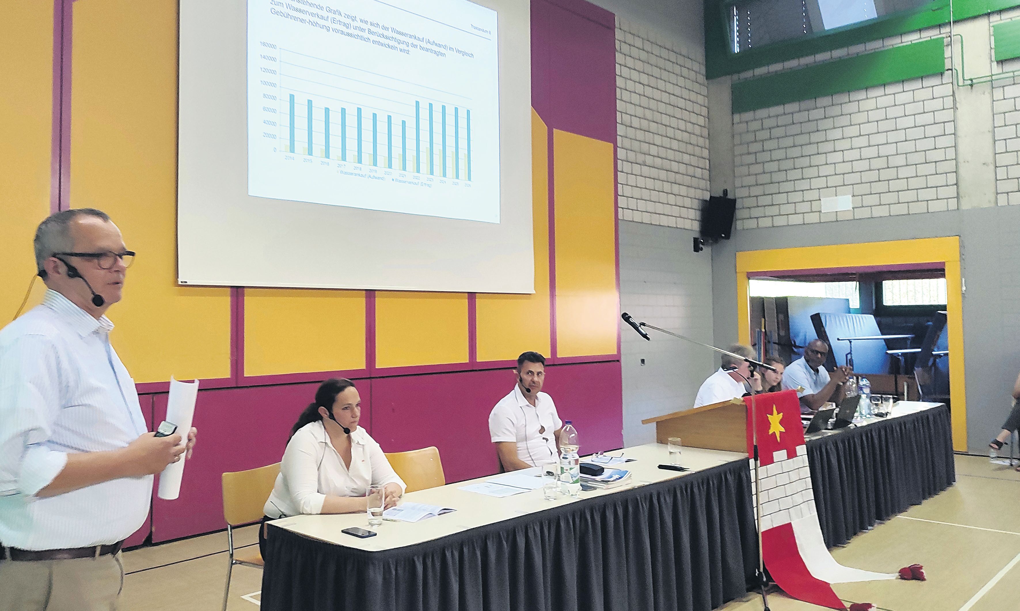 Gemeinderat Frank Bonnemeier erläutert die Gebührenanpassung des Wasserreglements. Bild: BBA 21.06.2022/Gianna Schläpfer