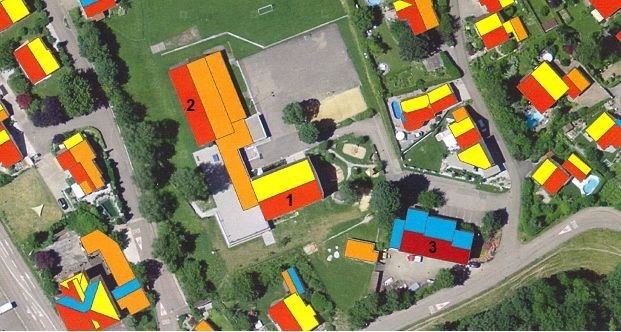 Ausschnitt aus dem Solarkataster Schweiz: Schul-/Mehrzweckanlage und Gemeindehaus Eggenwil; Farbenbezeichnung der Eignung für Solarstromproduktion: dunkelrot = hervorragend, rot = sehr gut, orange = gut, gelb = mittel, blau = gering. Demnach eignet sich die nun aufgrund der ohnehin erforderlichen Sanierung in Angriff genommene südliche Hälfte des Schulhausdachs (Objekt 1 gemäss Katasterausschnitt) mit einer Ertragsfläche von rund 150 Quadratmetern, einer Ausrichtung von 160 Grad und einer Neigung von 20 Grad sehr gut für die Nutzung von Sonnenenergie. Dasselbe ist bei der Südwestseite des Dachs der Mehrzweckhalle (Objekt 2) der Fall. Die Südseite des Gemeindehauses (Objekt 3) weist gar eine hervorragende Eignung auf.