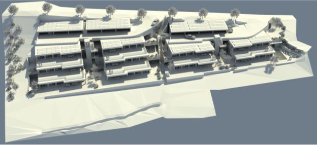 Auszug Situationsplan und Visualisierung aus Baugesuch Nr. 2023/06 vom 24.03.2023 der Zürcher Immobilien Plus AG, Zufikon, für die Erstellung von 10 Terrassenhäusern mit 2 Parkdecks auf den Parzellen Nrn. 102, 103, 104, 105 und 902, Erlismattweg 2 bis 20