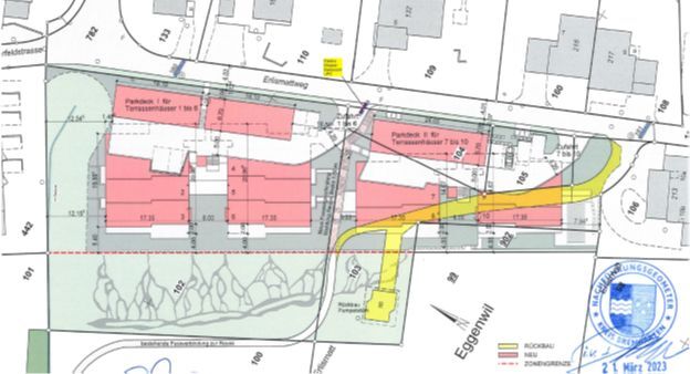 Auszug Situationsplan aus Baugesuch Nr. 2023/06 vom 24.03.2023 der Zürcher Immobilien Plus AG, Zufikon, für die Erstellung von 10 Terrassenhäusern mit 2 Parkdecks auf den Parzellen Nrn. 102, 103, 104, 105 und 902, Erlismattweg 2 bis 20, Eggenwil Auszug Situationsplan aus Baugesuch Nr. 2023/06 vom 24.03.2023 der Zürcher Immobilien Plus AG, Zufikon, für die Erstellung von 10 Terrassenhäusern mit 2 Parkdecks auf den Parzellen Nrn. 102, 103, 104, 105 und 902, Erlismattweg 2 bis 20, Eggenwil