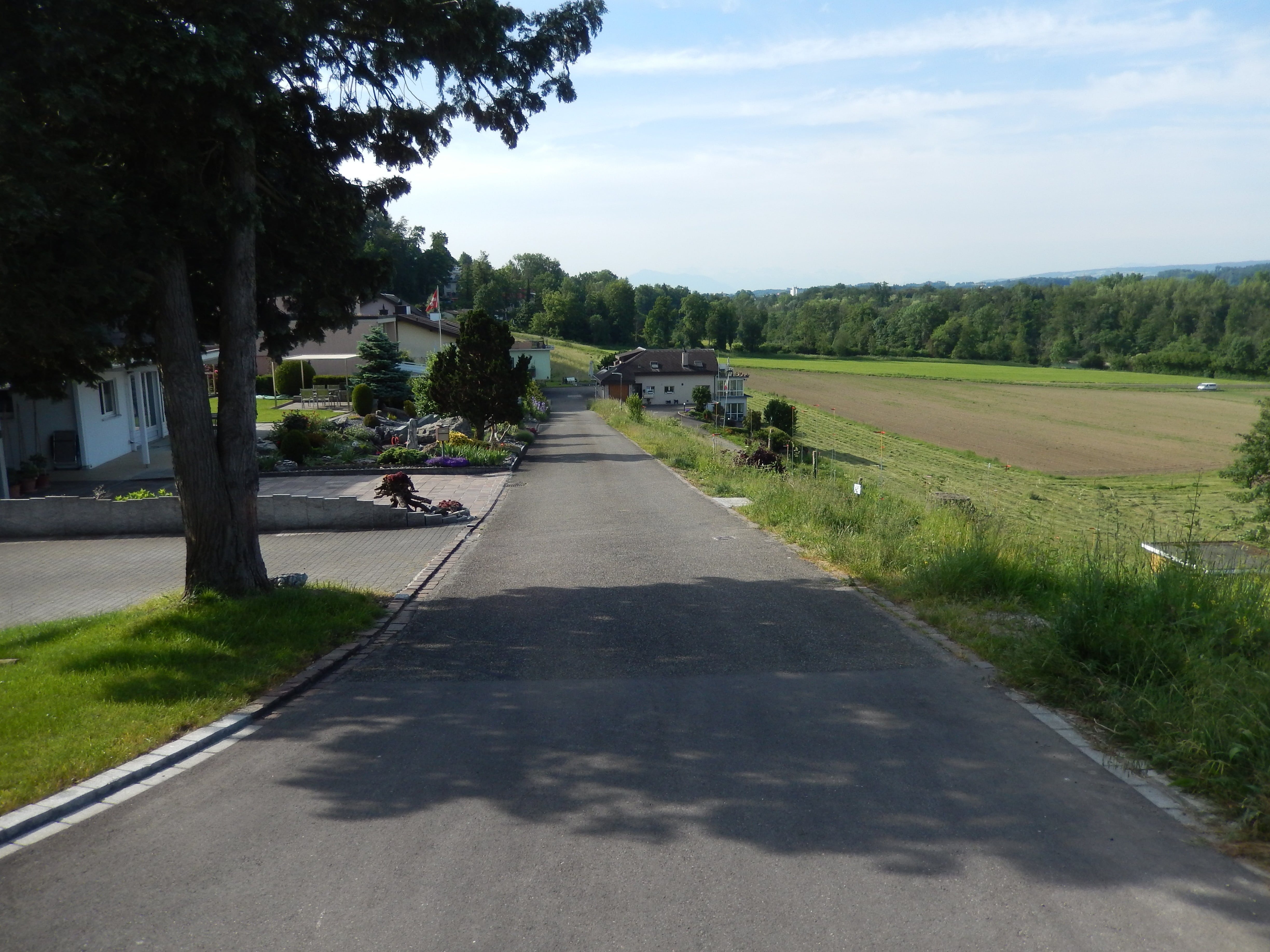 Diese Quartierstrasse soll verbreitert und die Leitungen darunter erneuert werden. Rechts hangabwärts entstehen gleichzeitig zehn Terrassenhäuser. Bild: BBA 02.06.2023/zg