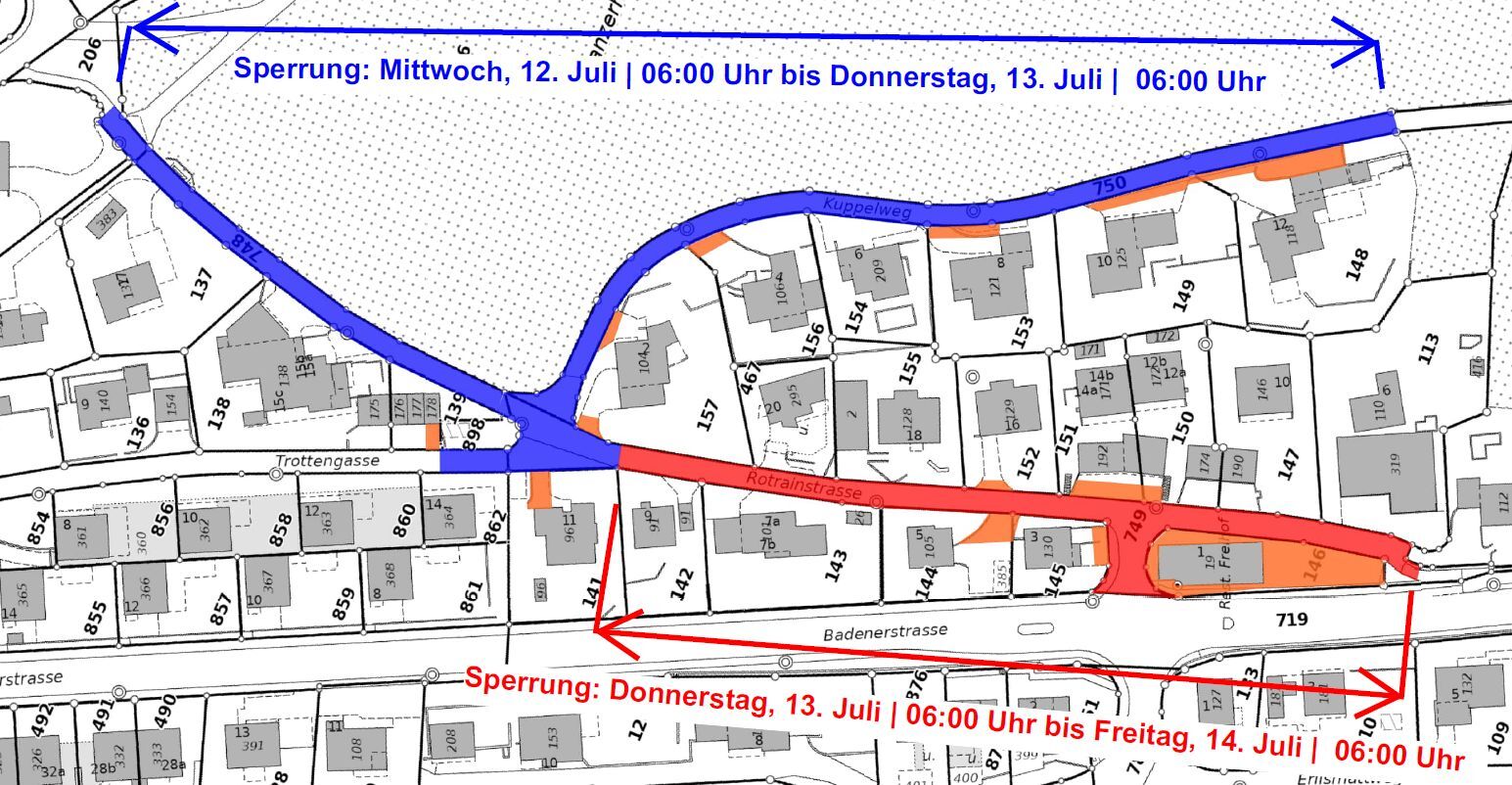 Übersicht Einbau Deckbelag mit gestaffelten Vollsperrungen von Rotrainstrasse & Kuppelweg vom 12.-14.07.2023 Übersicht Einbau Deckbelag mit gestaffelten Vollsperrungen von Rotrainstrasse & Kuppelweg vom 12.-14.07.2023