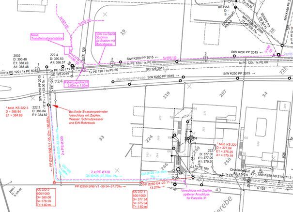 Erschliessung Gewerbezone GC Tuubler – Planausschnitt mit projektierten Werkleitungen Schmutzwasser, Trinkwasser und Elektrizitätsversorgung inkl. neuer Trafostation TS A6 Tuubler