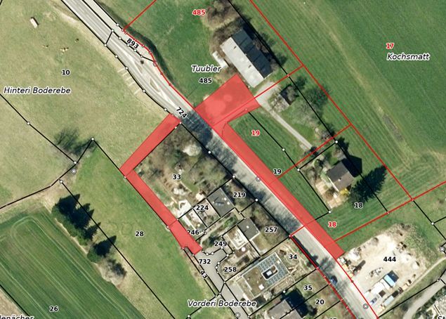 Erschliessung Gewerbezone GC Tuubler – Projektperimeter Erschliessungsanlagen (rote Flächen)