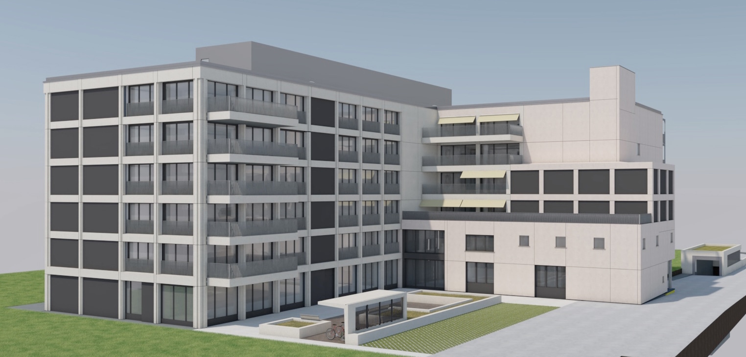 Das überarbeitete Projekt «Sanierung und Erweiterung Alterszentrum Bärenmatt in Bremgarten», welches neu 90 Pflegeplätze anstelle der heutigen 71 vorsieht, trägt dem aktuellen und künftigen Bedarf der Verbandsgemeinden Rechnung. Die geplanten zirka 26 Quadratmeter grossen Zimmer sind leicht grösser als bisher und aufgrund der Vollverglasung der Fenster deutlich heller ausgestaltet. Mit der Realisierung des Erweiterungsbaus hin zur Zugerstrasse steht die Fläche in Richtung Reuss (heutige Grünanlage mit Voliere) auch weiterhin als attraktive Parkanlage zur Verfügung. Gleichzeitig besteht damit für künftige Anpassungen noch eine Landreserve. Unter der Grünanlage wird eine eingeschossige Tiefgarage mit 35 Parkplätzen realisiert. Die Zu- und Wegfahrt erfolgt direkt über die Promenadenstrasse. Zusammen mit den Besucherparkplätzen beim Haupteingang können neu 45 Parkplätze zur Verfügung gestellt werden, was die heute prekäre Parkplatzsituation stark verbessern wird. Bild: Ansicht von Zugerstrasse mit Erweiterung und Vollausbau 5. Obergeschoss, Stand Vorprojekt vom 22. Mai 2024.