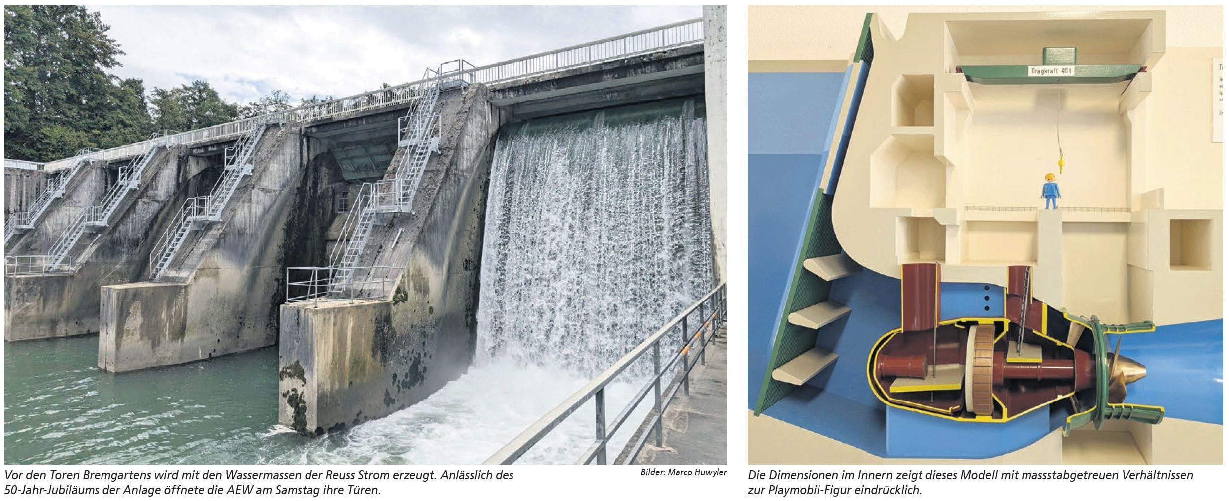 Vor den Toren Bremgartens wird mit den Wassermassen der Reuss Strom erzeugt. Anlässlich des 50-Jahr-Jubiläums der Anlage öffnete die AEW am Samstag ihre Türen. Die Dimensionen im Innern zeigt dieses Modell mit massstabgetreuen Verhältnissen zur Playmobil-Figur eindrücklich. Bilder: BBA 16.09.2025/Marco Huwyler