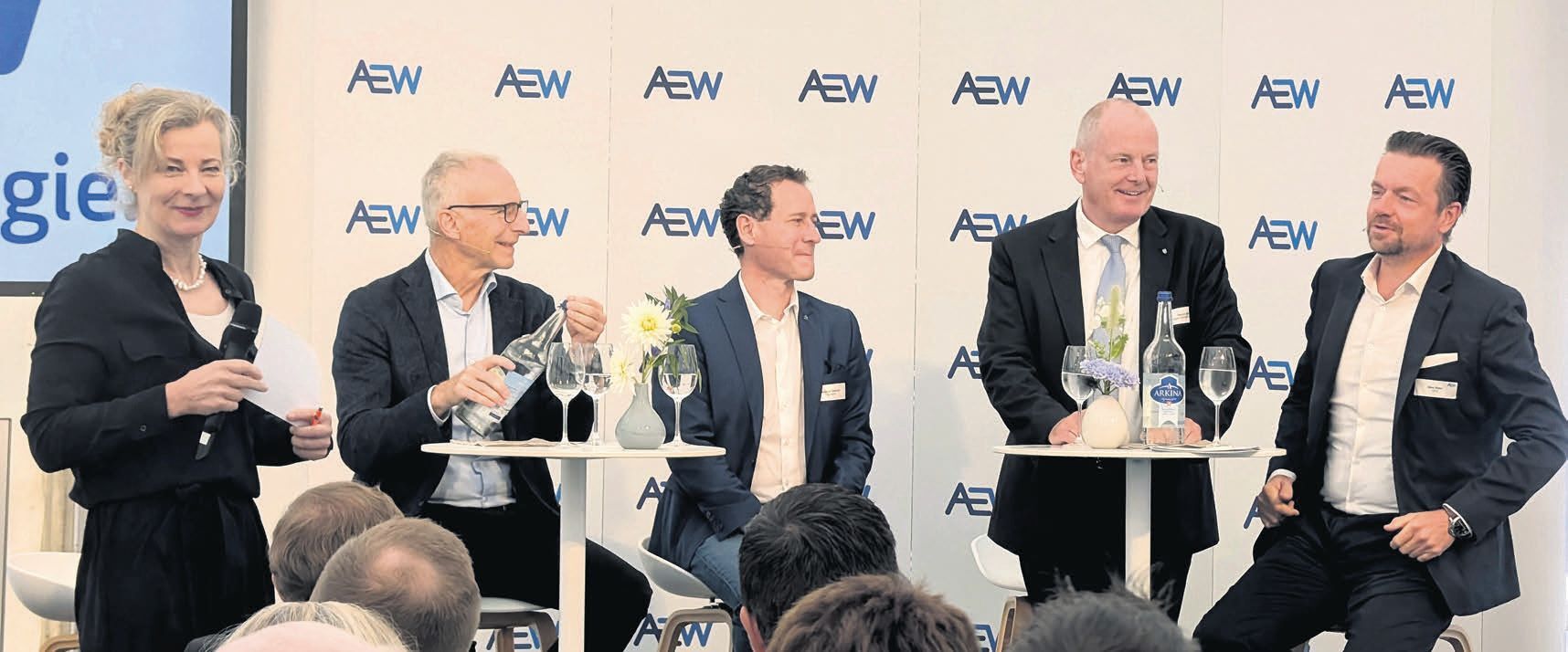 Angeregt und zuweilen durchaus humorvoll diskutieren (von rechts): Marc Ritter (AEW-CEO), Regierungsrat Stephan Attiger, Matthias Betsche (Pro Natura) und Andreas Stettler (Wasserwirtschaftsverband). Moderiert wird das Podium über Strom, Wasserkraft und die Zukunft der Energiebranche von Ex-SRF-Frau Karin Frei. Bild: BBA 16.09.2025/Marco Huwyler