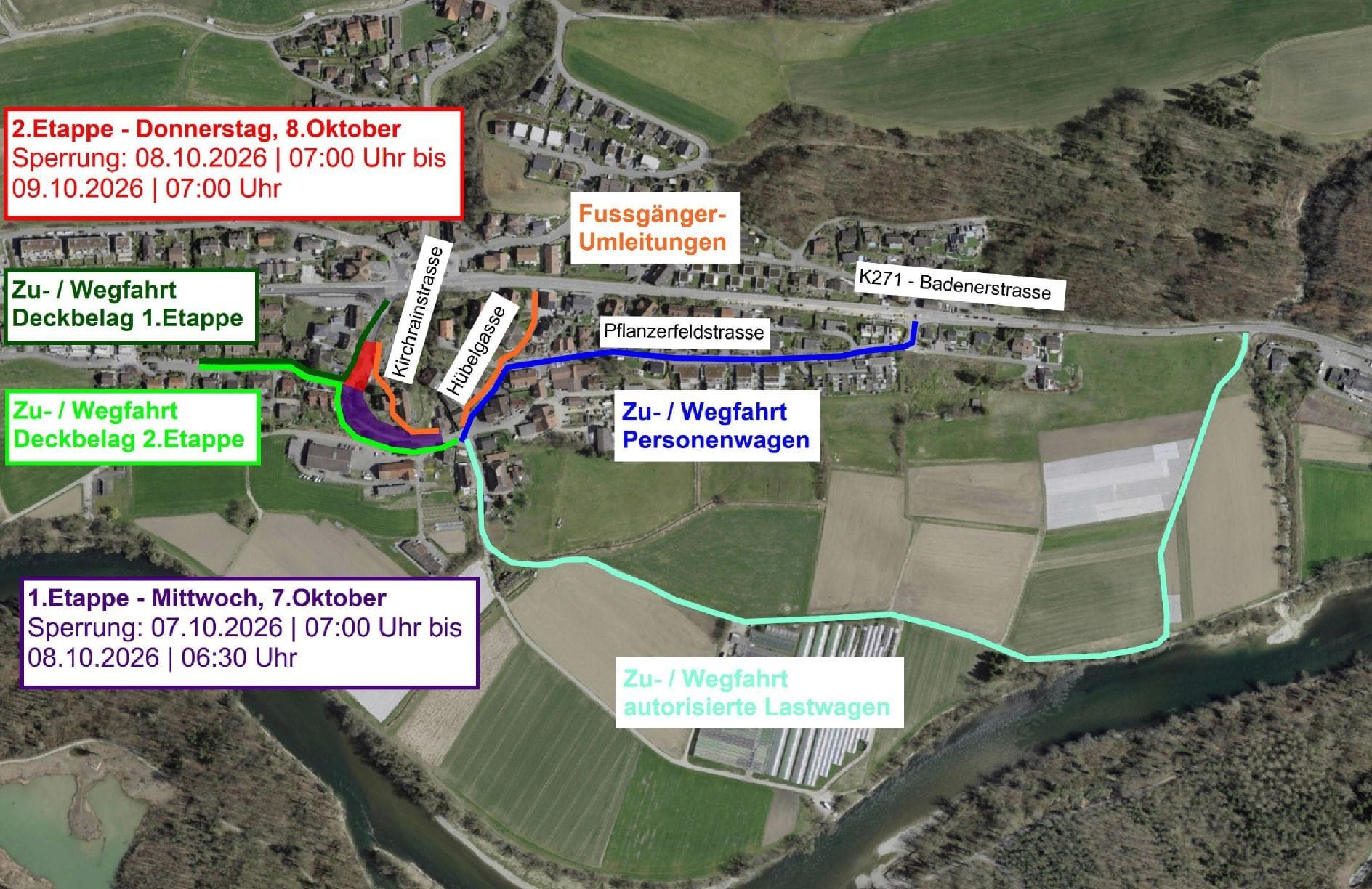 Für den finalen Einbau des Deckbelags im Rahmen des Projekts «Ausbau und Sanierung Kirchrainstrasse und EW-Rohrblockanlage Im Rebhügel» wird die Kirchrainstrasse von Mittwoch, 7. Oktober, bis Freitag, 9. Oktober 2026, während zwei Etappen für jeglichen Verkehr gesperrt. Die Umleitungen sind signalisiert.
